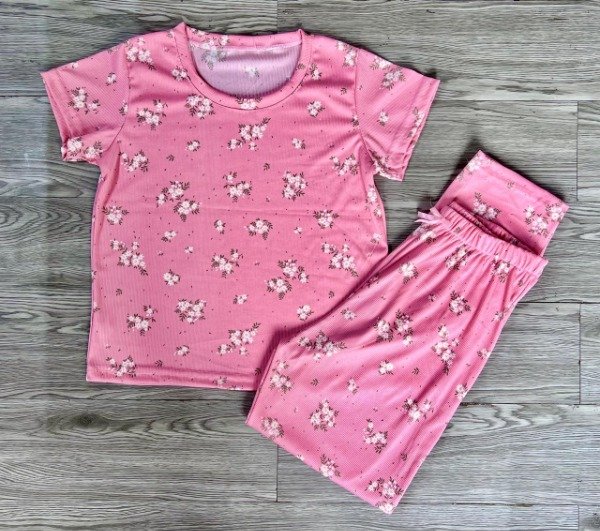 Producto - Pijama morley dama, media estacion rosa hojas verdes