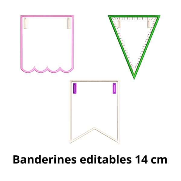 Producto - Banderines editables 14 cm triangular, picos y ondas 3 diseños