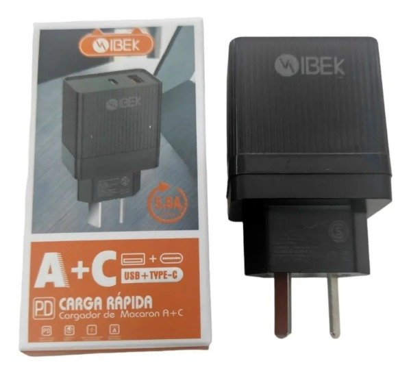 Producto - Cabezal Cargador Puerto USB + Tipo c 5.8A Ibek IB 582 Negro - 5