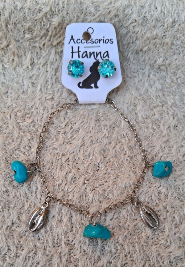Producto - Pulsera fantasía turquesa +Aros strass