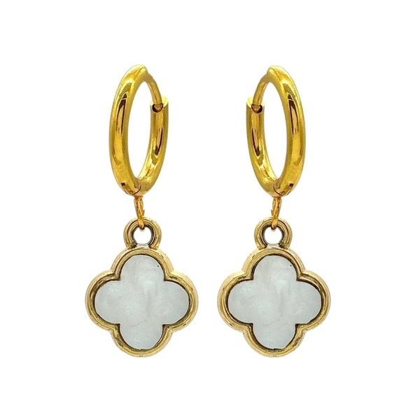 Producto - Aros argolla cubanas de acero dorado con dije - 1.2cm - Flor - Blanco