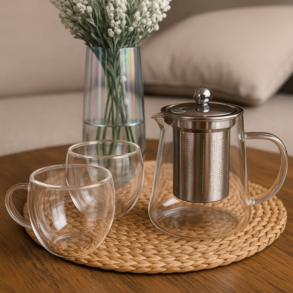Producto - Set té vidrio templado Tetera y 2 tazas doble vidrio 250ml
