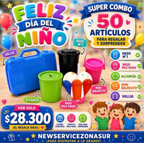 Producto - Kit dia del niño 50 articulos VASOS - VALIJA - ALCANCIA