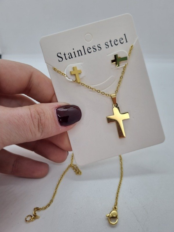 Producto - Set cadena + aritos acero dorado cruz