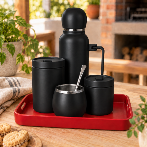 Producto - SET MATERO OVALO YERBERA AZUCARERA MATE Y BOMBILLA TERMO ACERO 1LT - 1