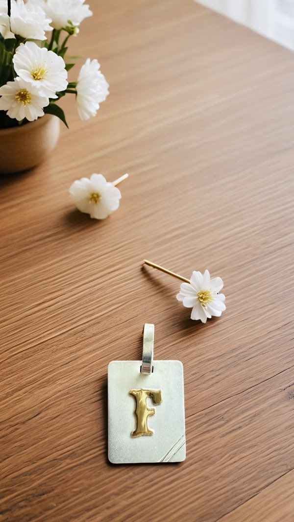 Producto - Inicial F rectangular PLATA Y ORO 23x12MM