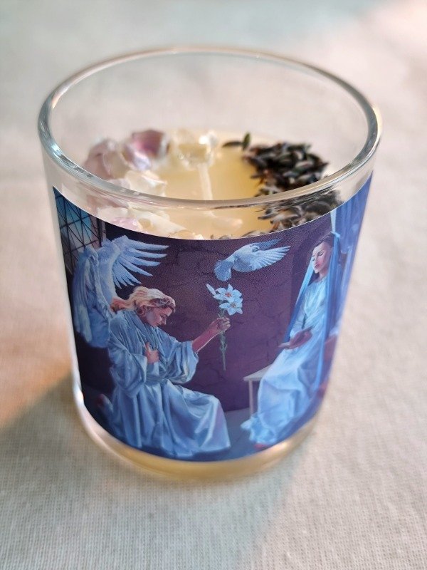 Producto - VELA LA ANUNCIACIÓN - Con amatista, cuarzo cristal y lavanda. 250ml - 0