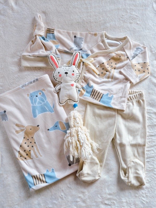 Producto - Set de nacimiento con mantilla UNISEX perritos