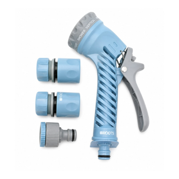 Producto - SET RIEGO PISTOLA MULTIFUNCION + ACOPLES AZUL CAPRI