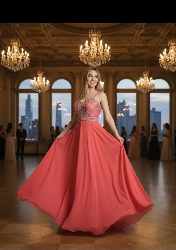 Producto - Vestido  escote corazón coral con brillante