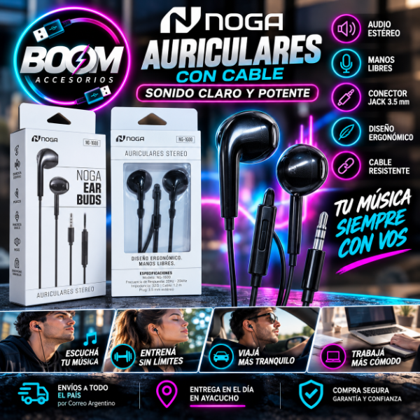 Producto - Auriculares Celular In Ear Manos Libre Microfono Noga Ng1600 Color Negro - 0