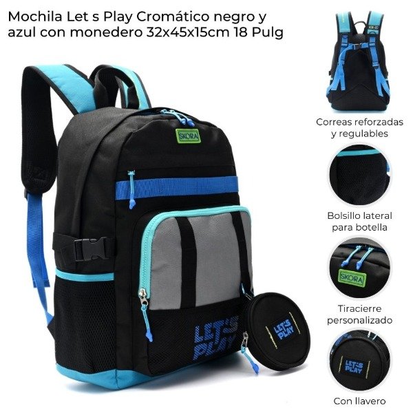 Producto - MOCHILA LETS PLAY CROMATICO NEGRO Y AZUL CON LLAVERO 42886