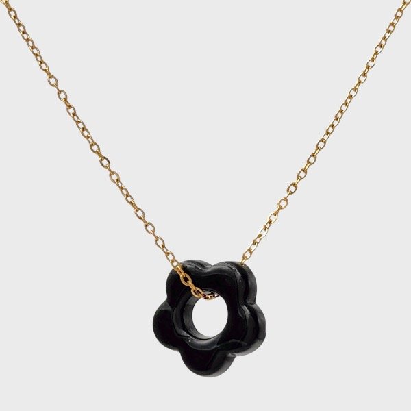 Producto - Collar de acero dorado - Espejito 1mm - Flor pasante - Negro