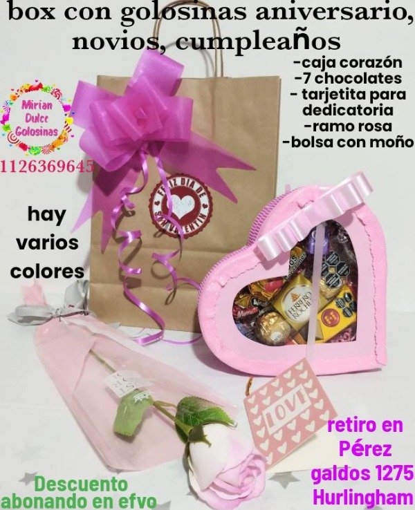 Producto - Relato caja forma corazón con ramo en bolsa y chocolates