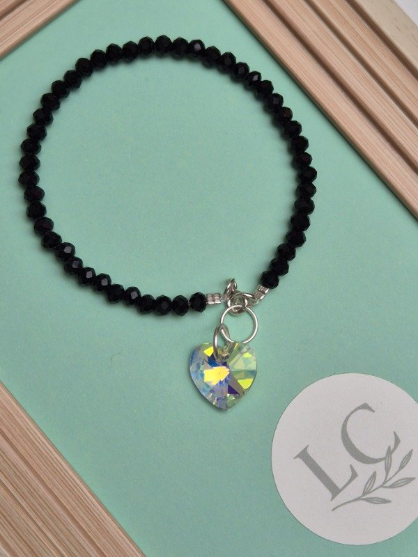 Producto - Pulsera Piedras Negras c/ Corazon Plata