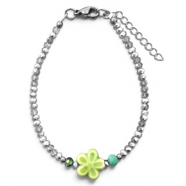 Producto - Pulsera de cristal checo 3mm . Gris . Flor verde - 0