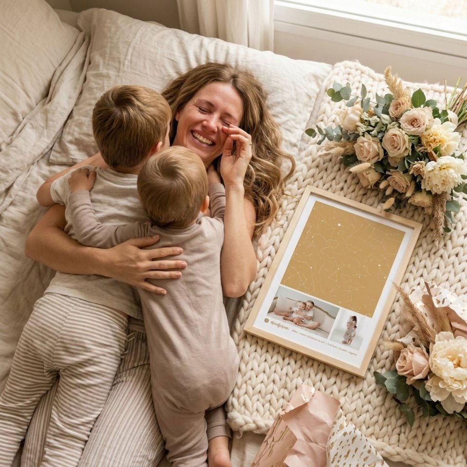 Una mamá riéndose abrazada a sus dos hijos en la cama, al lado de un cuadro personalizado y un ramo de flores