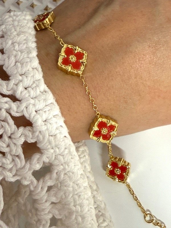 Producto - PD154 Pulsera flores roja acero dorado 18 + 5 cm