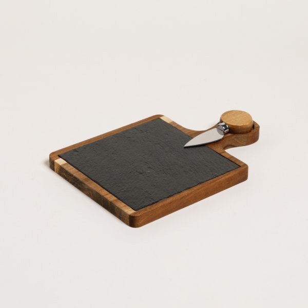 Producto - Tabla cuadrada de acacia y laja con cuchillo para queso Ardesia 25x17 cm