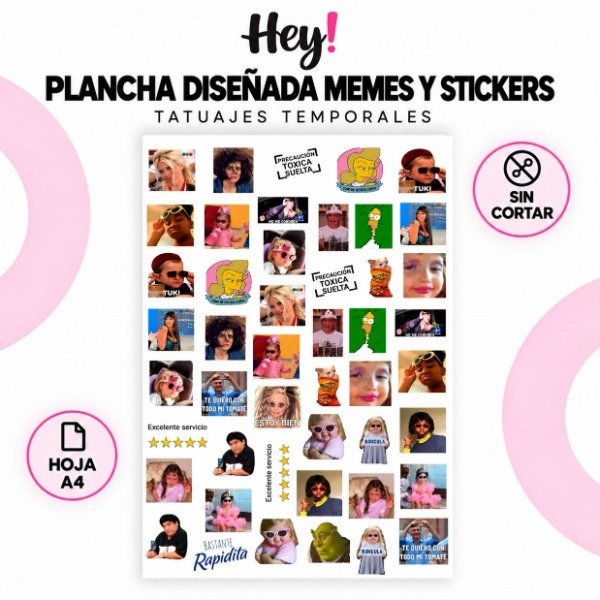 Producto - PLANCHA A4 PREDISEÑADA STICKERS Y MEMES - TATUAJES TEMPORALES - 0