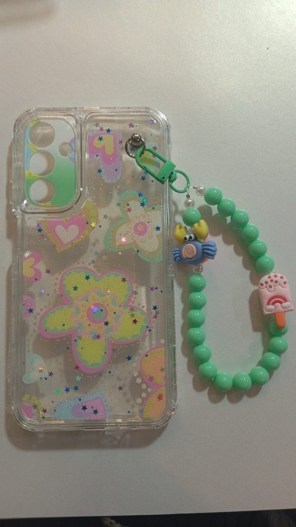 Producto - Funda Transparente Diseño Con Glitter y Cadena Flor Verde para Samsung A15
