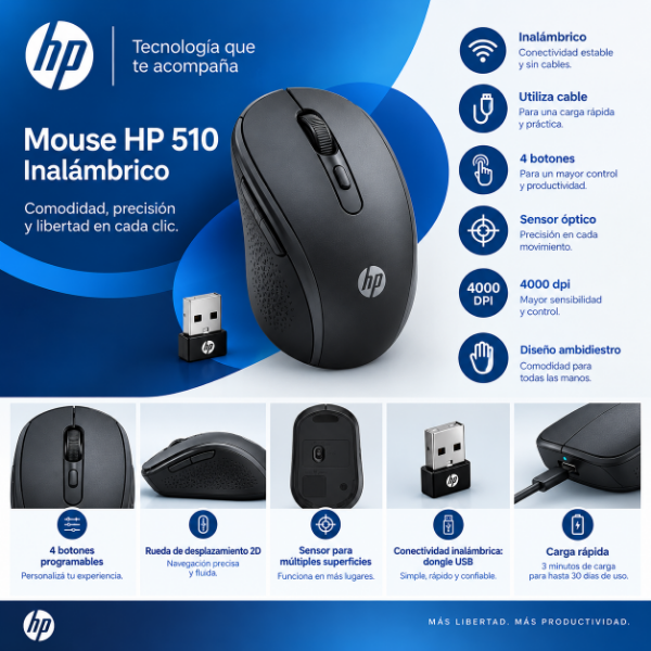 Producto - Mouse Hp 510 Inalámbrico 4000 Dpi Confort Carga Ultra Rapida - 0