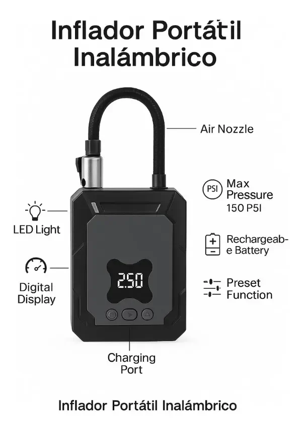 Producto - Inflador Eléctrico Portátil LAMBOTECH C-549-1 Recargable + LINTERNA - 2