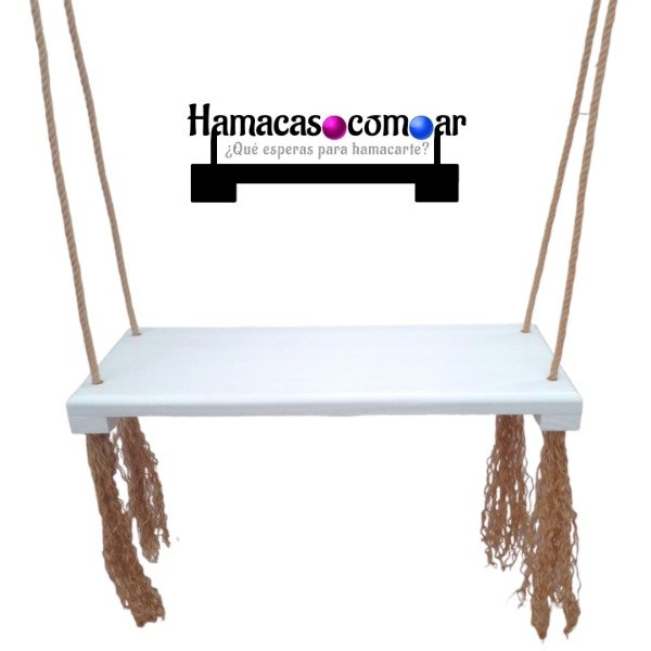 Producto - Hamaca blanca madera reforzada soga de yute flecos y ganchos ENVÍO GRATIS