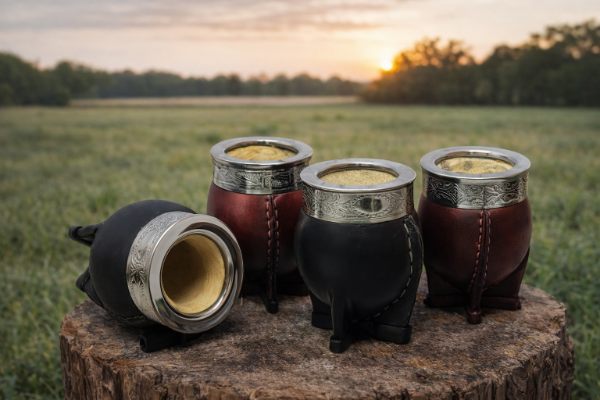 Producto - Mate imperial de calabaza forrado en cuero con virola de acero lisa...