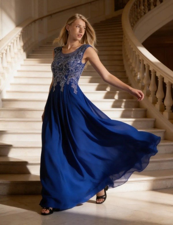 Producto - Vestido largo Elegante Azul francia con detalles plateado