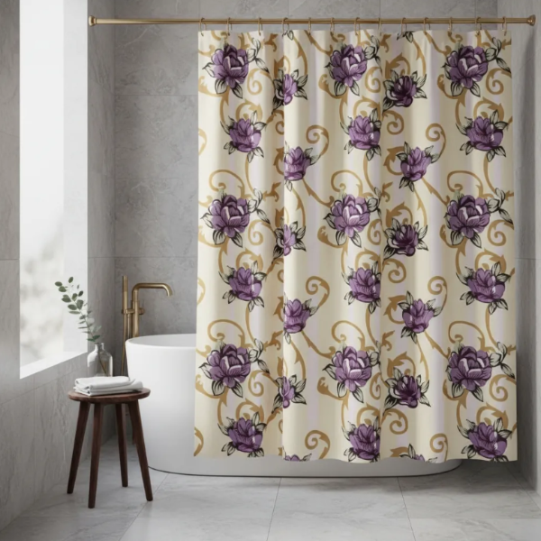 Producto - CORTINA PARA BAÑO DE RASO TEFLONADA ESTAMPA "FLORES VIOLETAS"
