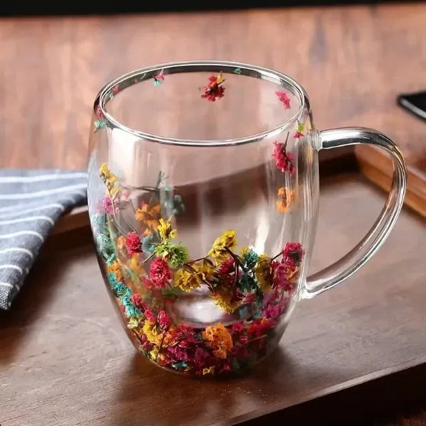 Producto - Tazas De Vidrio Doble Pared 250ml y 350ml Con Asa Con Flores Multicolor