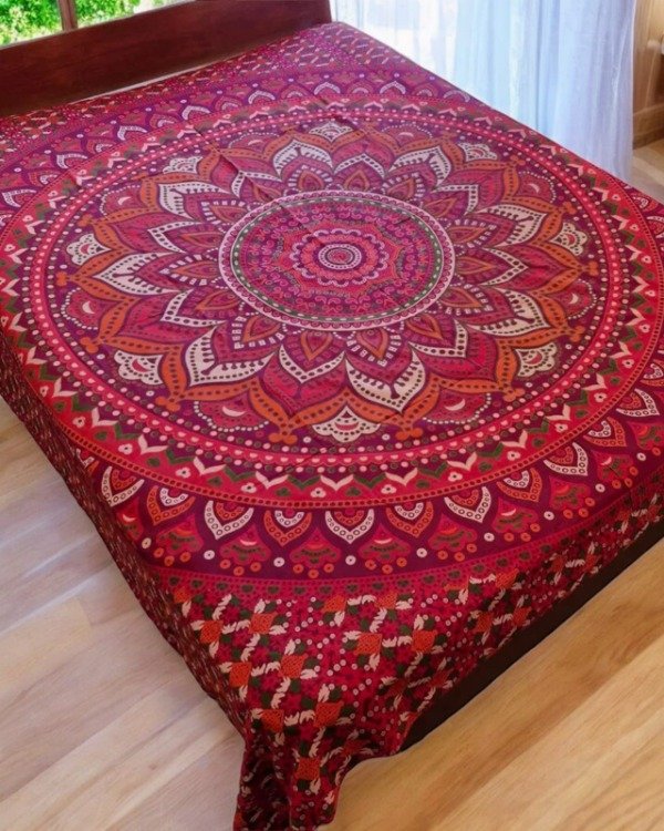 Producto - Manta Hindú de 2 Plazas y Media Algodón Puro Mandala Naranja