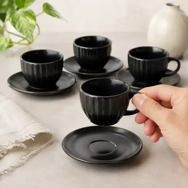 Producto - Set X6 Taza Café Cerámica Con Plato Vintage 85ml Negro