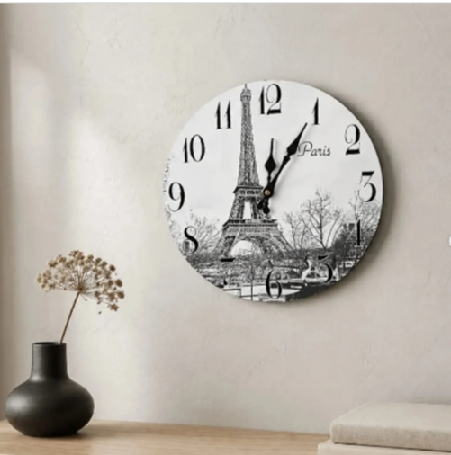 Producto - Reloj Pared Torre Eiffel París Blanco Negro 34 Cm