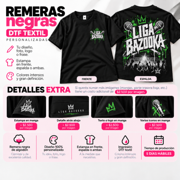 Producto - Remera Negra de Algodón Personalizada DTF Textil - Adolecentes - 3