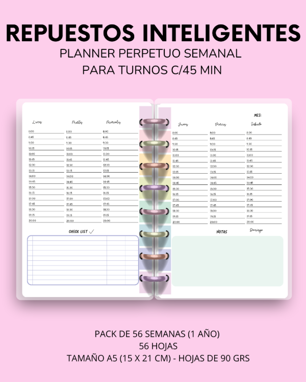 Producto - REPUESTO AGENDA SEMANAL CON TURNOS C/45 MIN