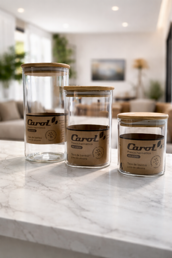 Producto - Frasco hermético de vidrio con tapa de bambú (tres medidas)