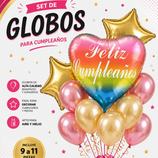 Producto - SET GLOBOS - FELIZ CUMPLE CORAZON ARCOIRIS