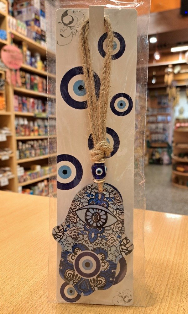 Producto - Colgante de vidrio Mano Hamsa con hilo yute mediano 23 cm x 8 cm diametro