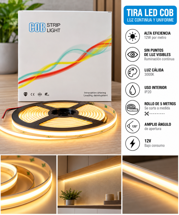 Producto - Tira Led COB 12 V- Luz calida 3000K - 5 metros