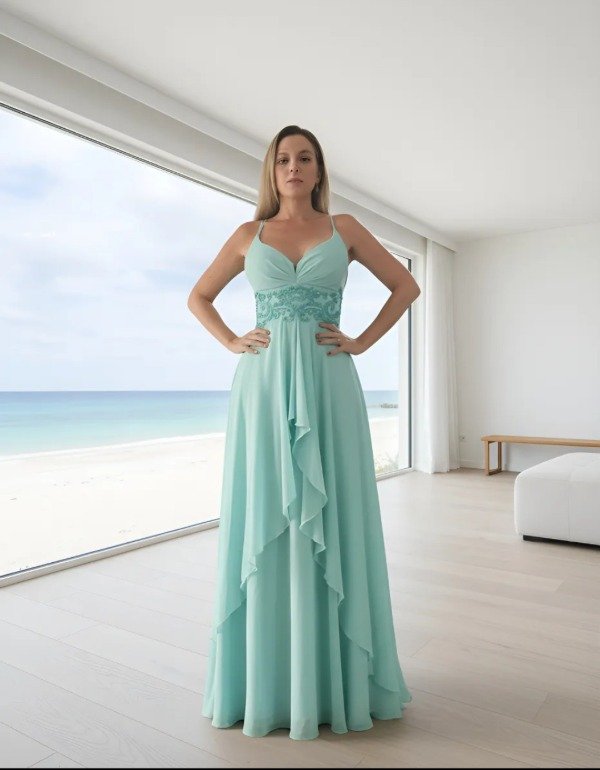 Vestido largo fiesta aqua escote corazón gasa — imagen 3