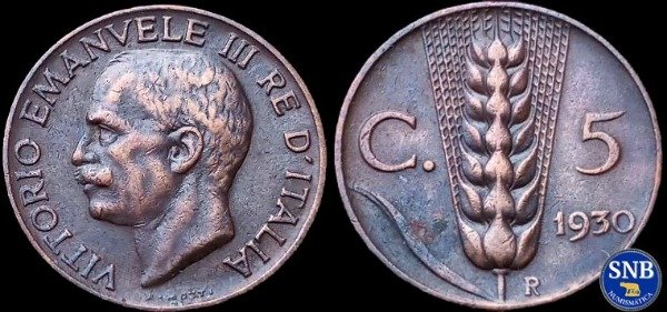 Producto - Reino de Italia - 5 Centésimos (1930) KM #59 [VF] - Régimen Fascista