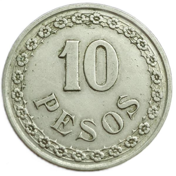 Producto - Paraguay 10 Pesos Sol radiante 1939 Km#19 VF+