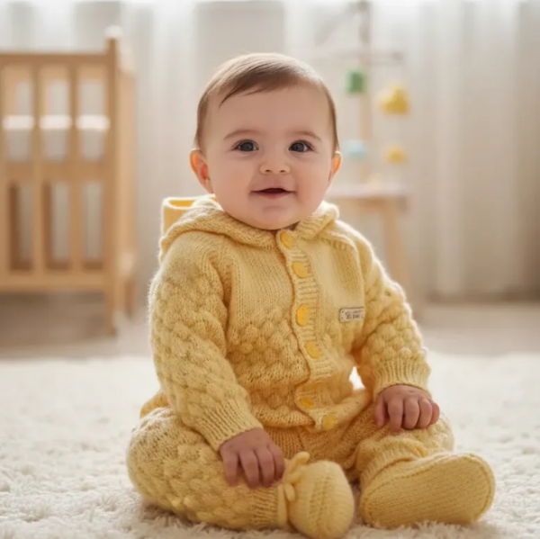 Producto - OSITO ENTERIZO Y ESCARPINES para bebés de (3a6 meses)color maiz