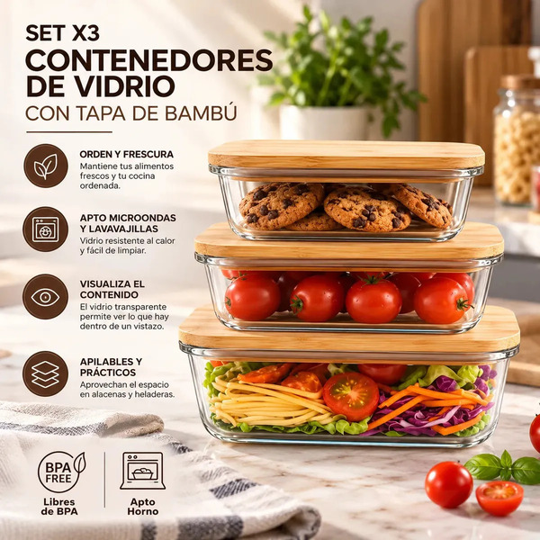 Producto - Set X3 recipientes hermetico -vidrio -tapa de bambu -apto microondas/horno/freez - 3