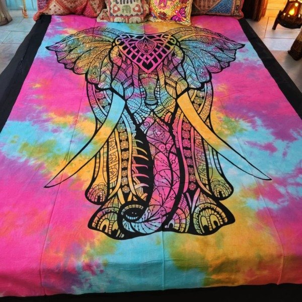 Producto - Manta Hindú de 1 Plaza y Media Algodón Puro Elefante Gigante Verde
