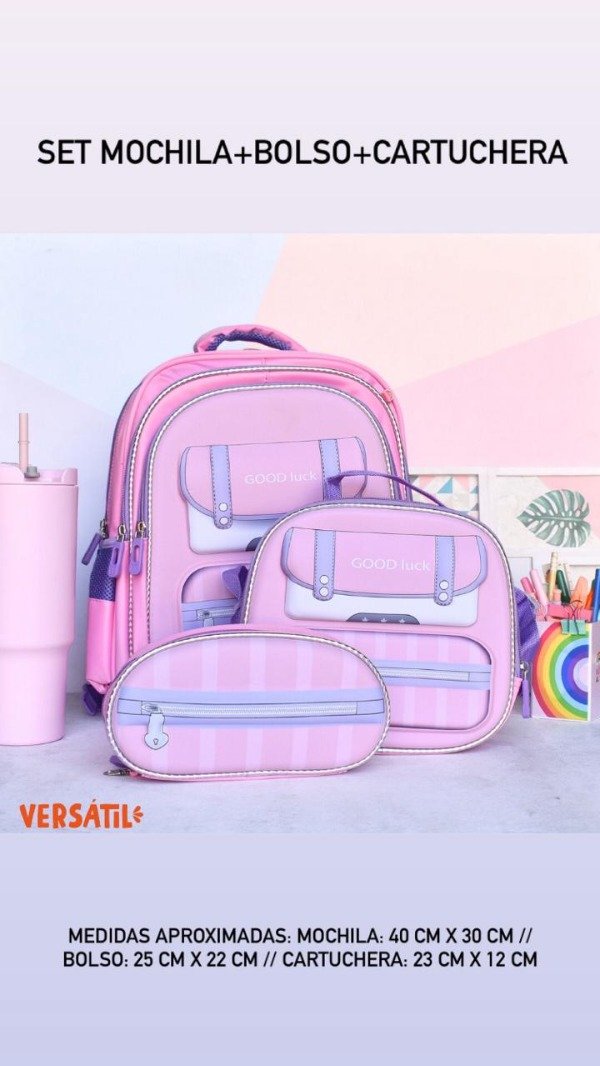 Producto - Set mochila + bolso + cartuchera Rosa
