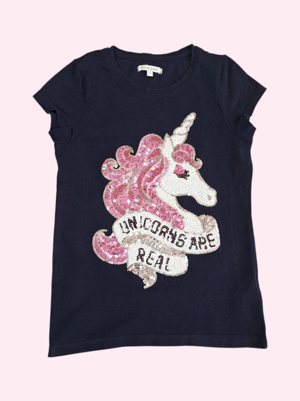 Producto - Remera manga corta azul con unicornio lentejuelas Bluezoo 6/7 años