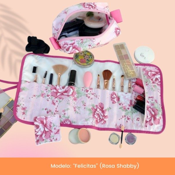 Producto - Porta Brochas de Maquillaje enrollable + Neceser "Felicitas" Rosa
